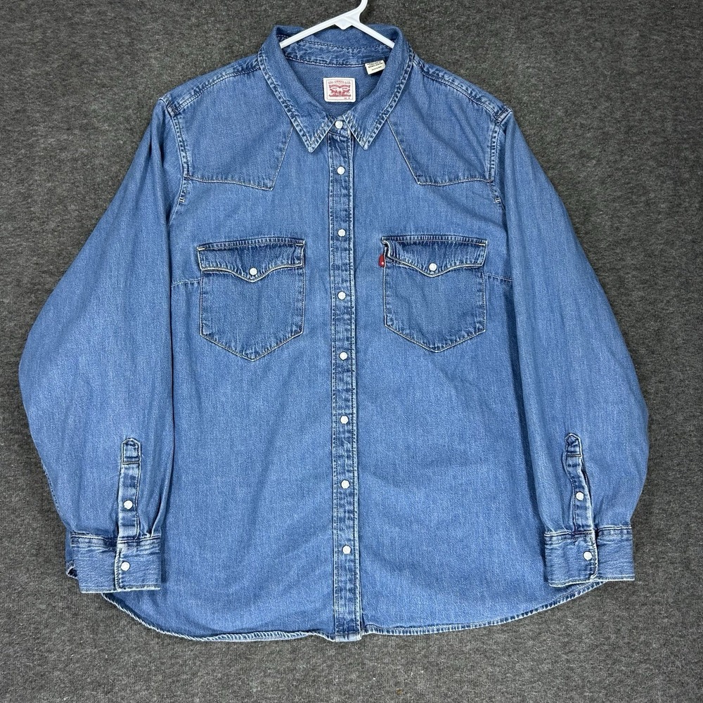 Levis Denim Pearl Snap Shirt Womens 3X Blue Western Rodeo Cowgirl